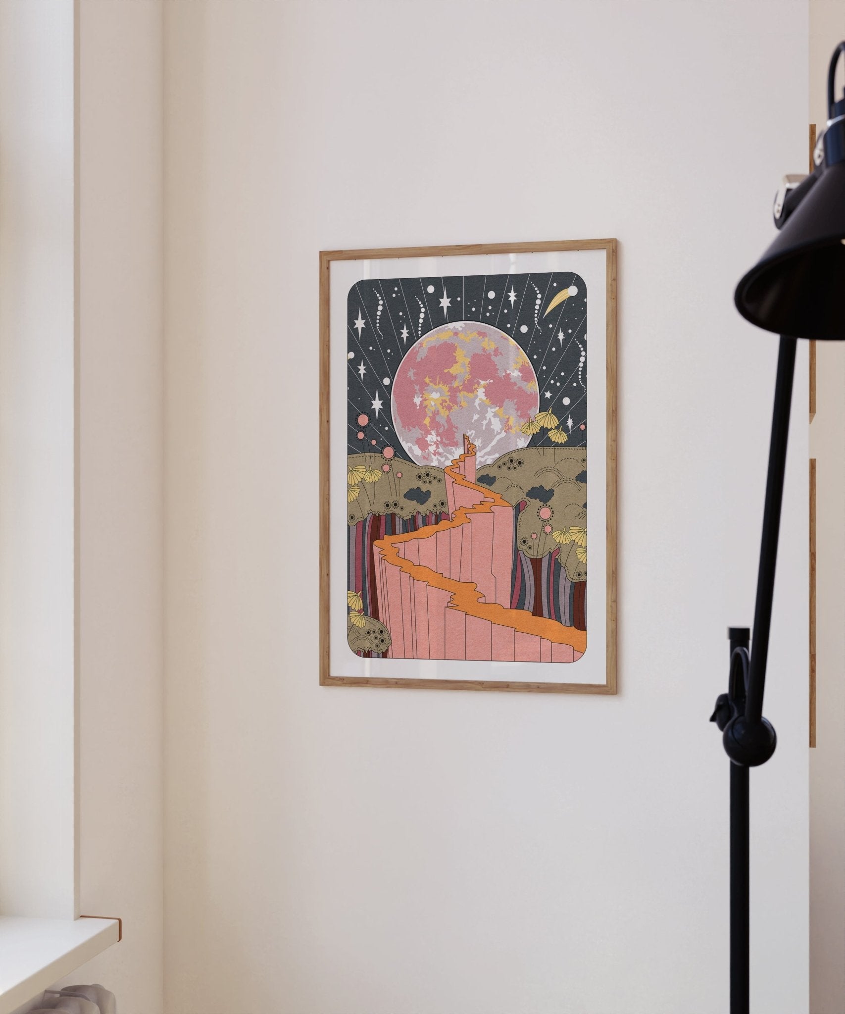 Stargazer Art Print featuring a starry sky and full moon, available in A4 and A3 sizes.