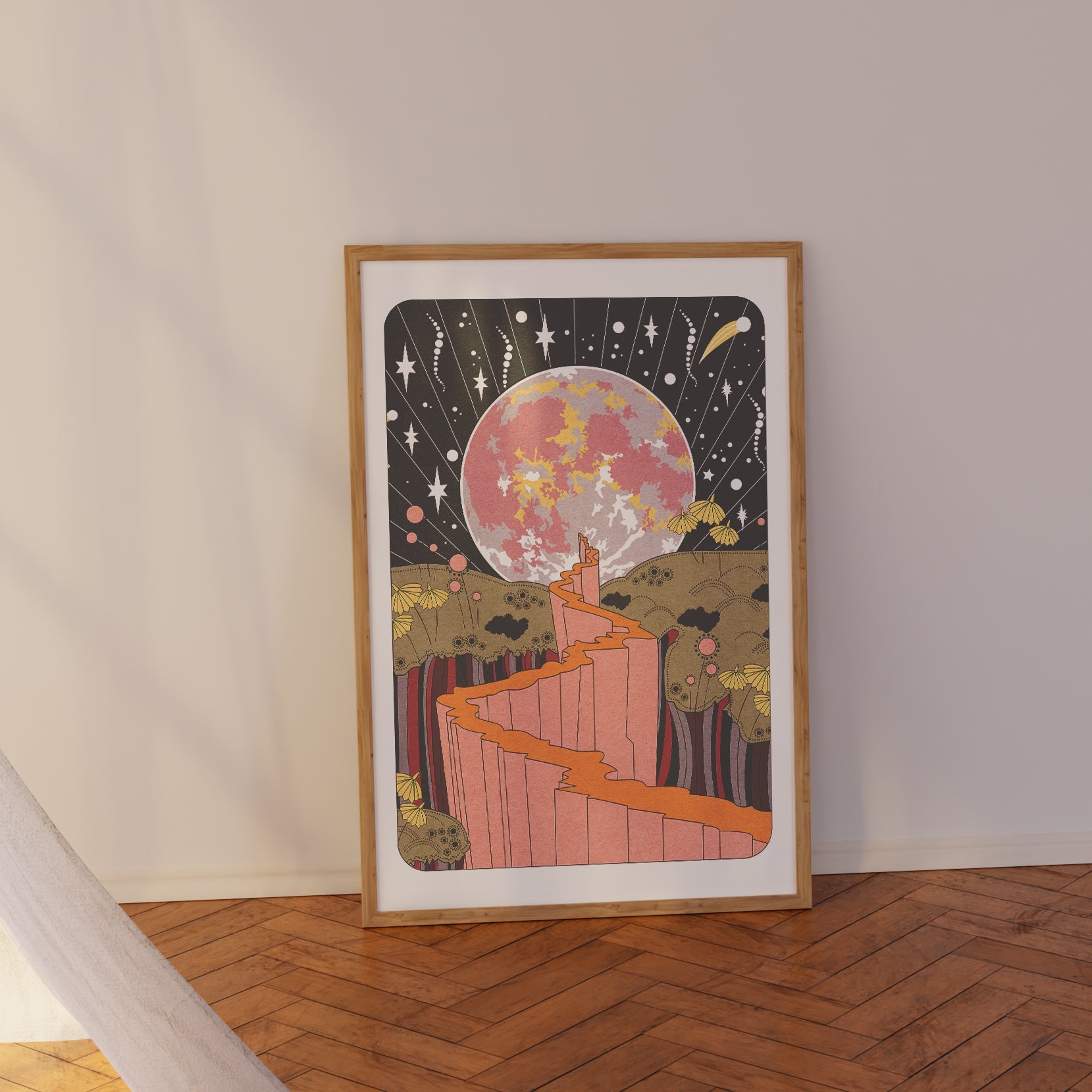 Stargazer Art Print featuring a starry sky and full moon, available in A4 and A3 sizes.