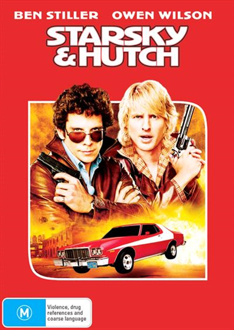 Starsky and Hutch DVD cover featuring Ben Stiller and Owen Wilson in action poses with their iconic Ford Gran Torino.