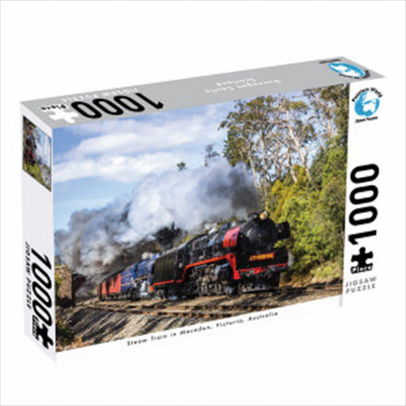 Steam Train Victoria 1000 Piece Jigsaw Puzzle featuring a vibrant train speeding through the countryside.