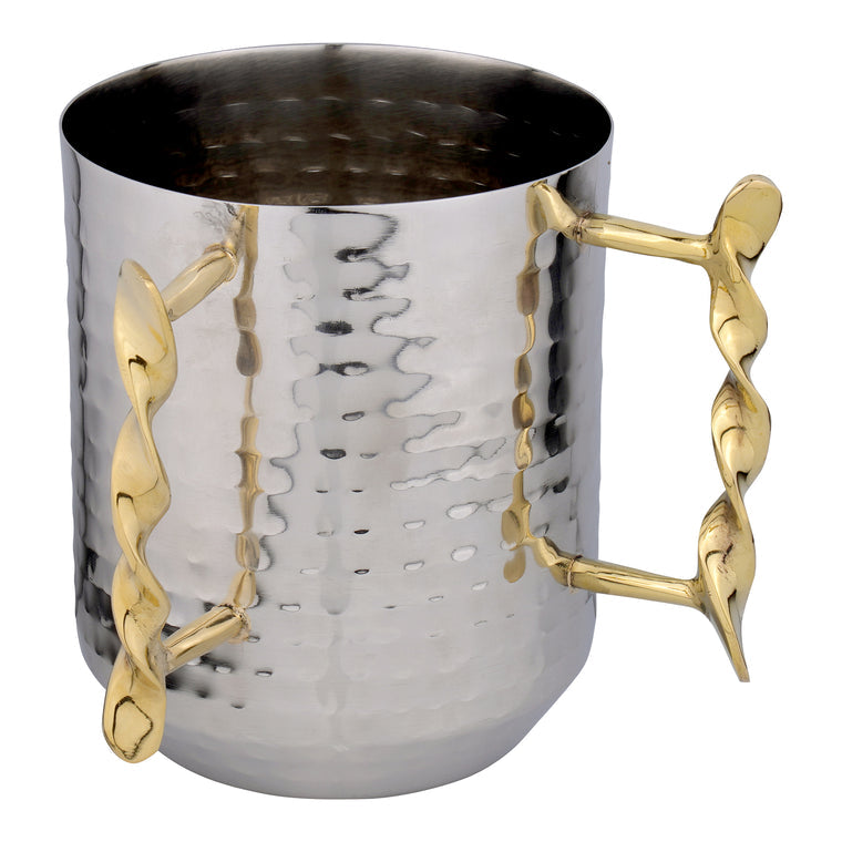 A stylish steel hammered wash cup with round decorative gold handles, perfect for kitchen or bathroom use.