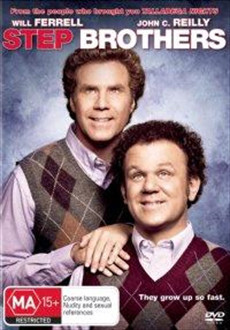 Step Brothers DVD cover featuring Will Ferrell and John C. Reilly in a comedic pose, showcasing the film's humorous theme.