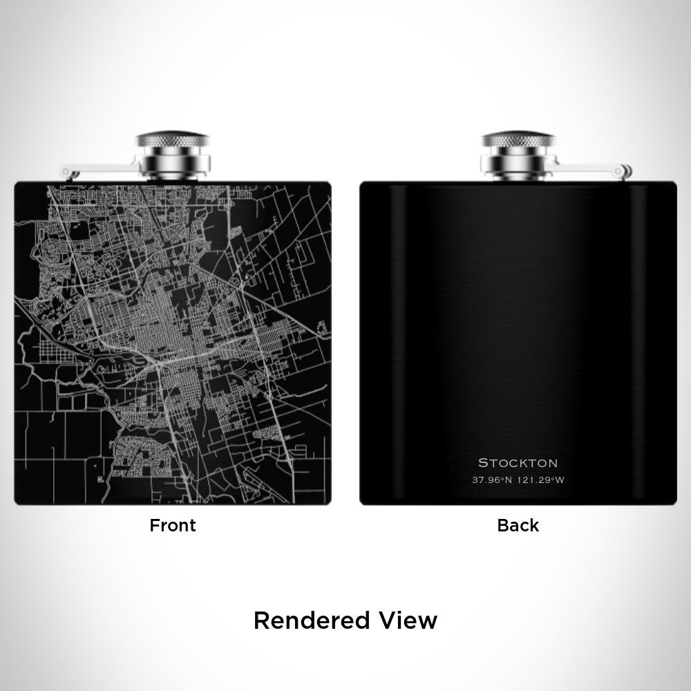 Matte black hip flask featuring a custom engraved map of Stockton, California with coordinates, accompanied by a canvas bag and funnel.