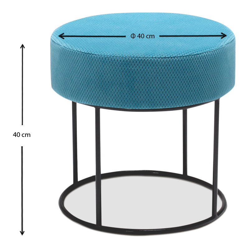 Stool BAYER in blue fabric with a metal frame, dimensions 40x40x40 cm, ideal for home and professional use.