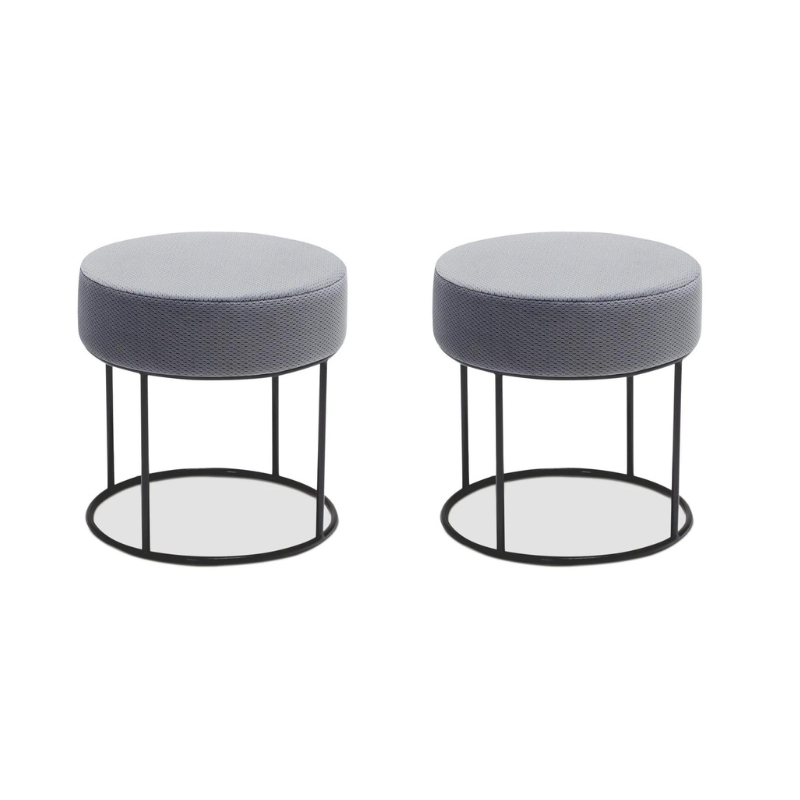 Set of two grey fabric stools with metal frames, measuring 40x40x40 cm, ideal for home and professional use.