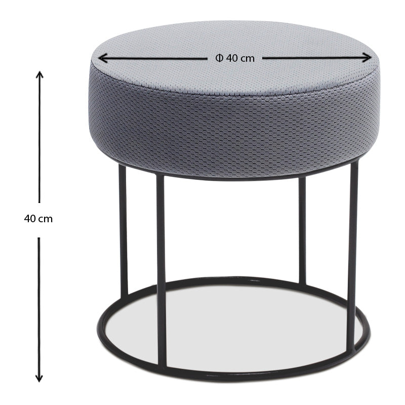 Set of two grey fabric stools with metal frames, measuring 40x40x40 cm, ideal for home and professional use.