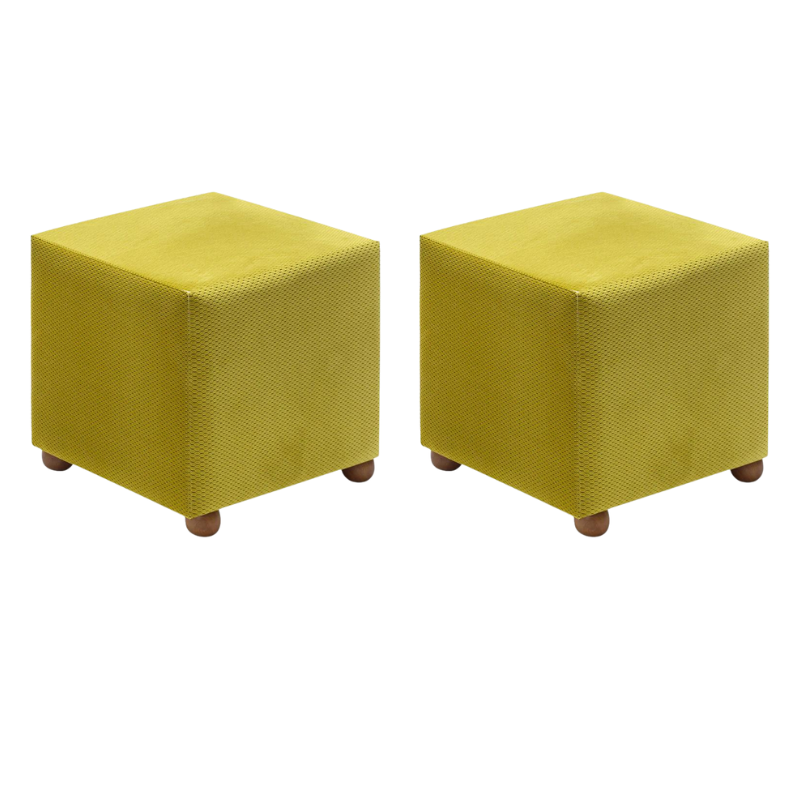 Set of two olive fabric stools with natural beech wood legs, measuring 40x40x40cm, showcasing modern design and durability.