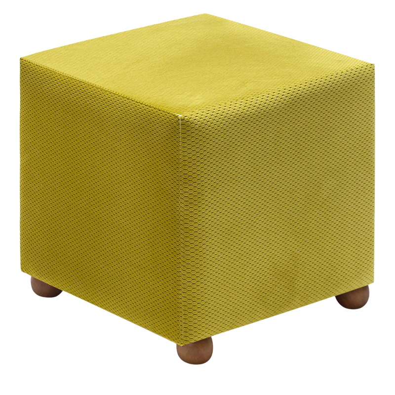 Stylish olive fabric stool with natural beech wood legs, 40x40x40 cm.