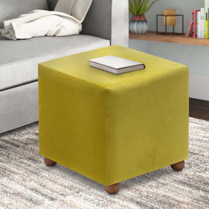 Stylish olive fabric stool with natural beech wood legs, 40x40x40 cm.