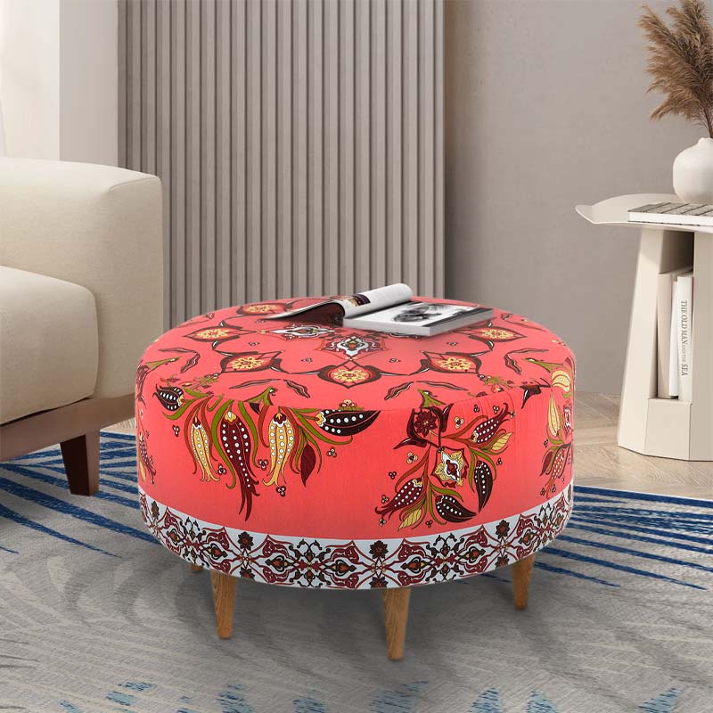 Multicolor Stool MAMBA with durable fabric and natural beech MDF legs, dimensions 65x65x40 cm.