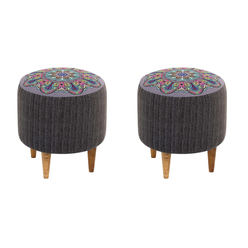 Set of two grey MILENA stools with natural beech wood legs, designed for durability and style.