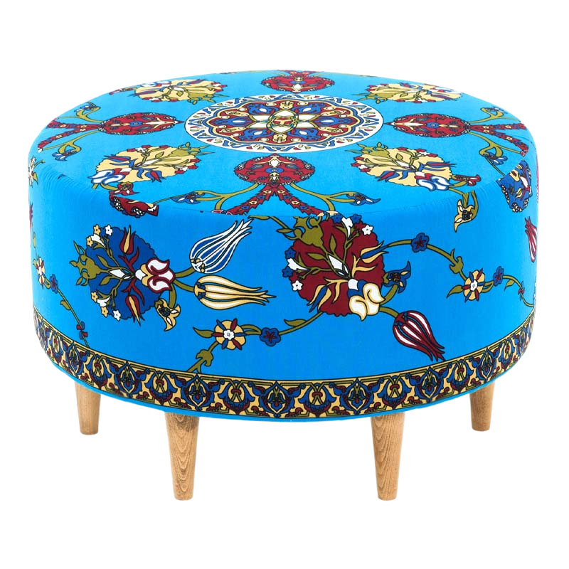 Multicolor Stool SAMIRA with durable fabric and natural beech legs, measuring 65x65x40 cm.