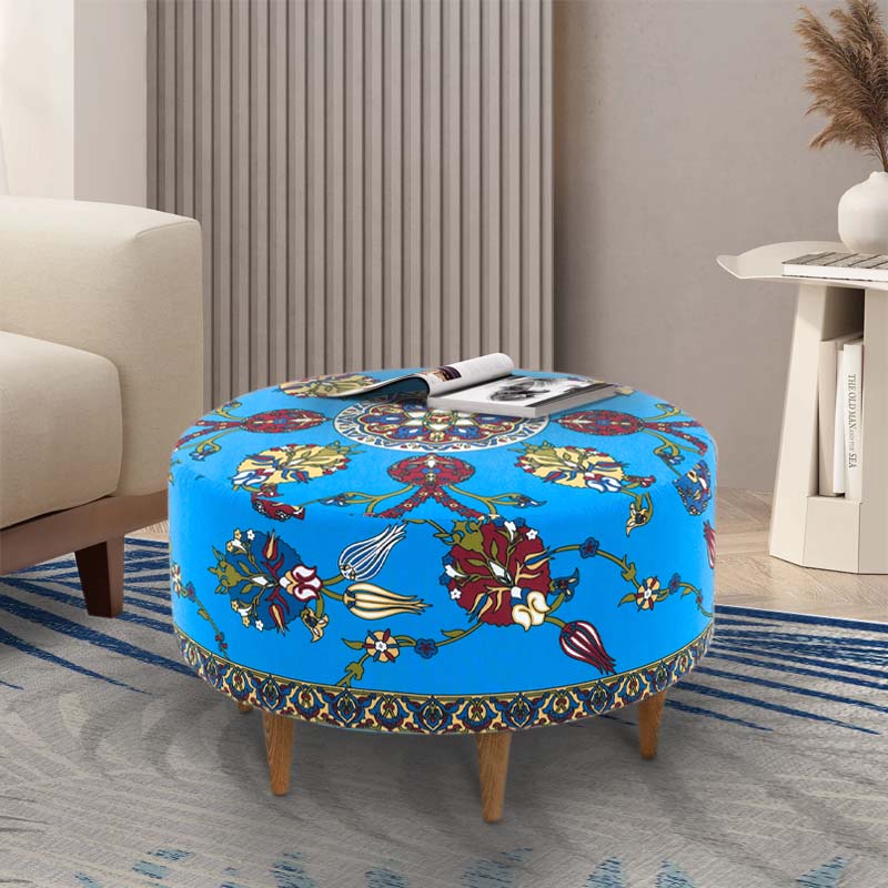 Multicolor Stool SAMIRA with durable fabric and natural beech legs, measuring 65x65x40 cm.