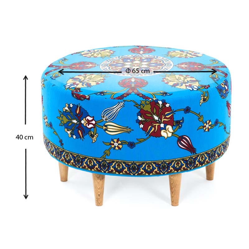 Multicolor Stool SAMIRA with durable fabric and natural beech legs, measuring 65x65x40 cm.