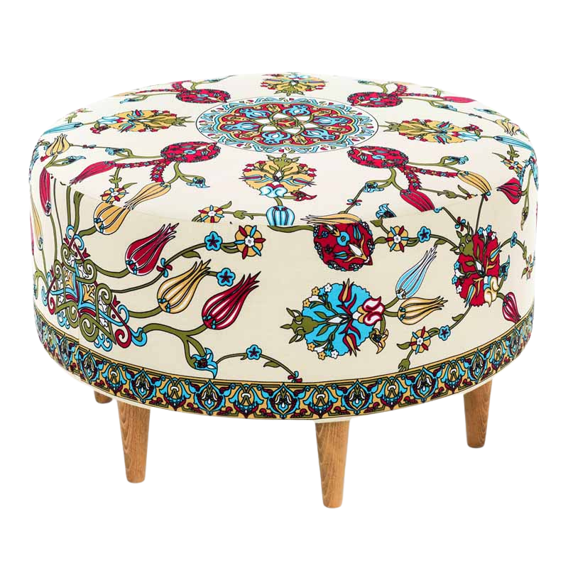 Multicolor Stool VALENCIA with durable fabric and natural beech MDF legs, measuring 65x65x40 cm.