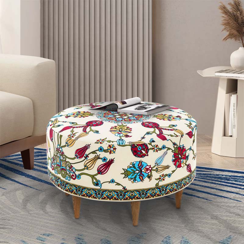 Multicolor Stool VALENCIA with durable fabric and natural beech MDF legs, measuring 65x65x40 cm.