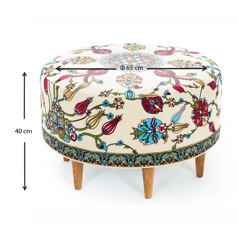 Multicolor Stool VALENCIA with durable fabric and natural beech MDF legs, measuring 65x65x40 cm.