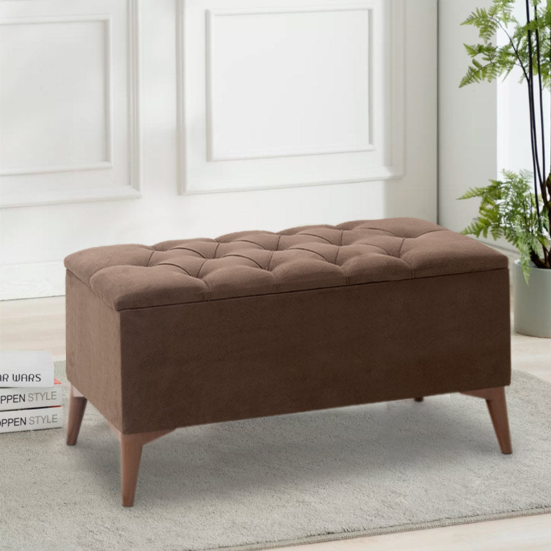 HERMANN Stool with storage space in brown fabric, dimensions 90x40x50cm, featuring four walnut-colored legs.