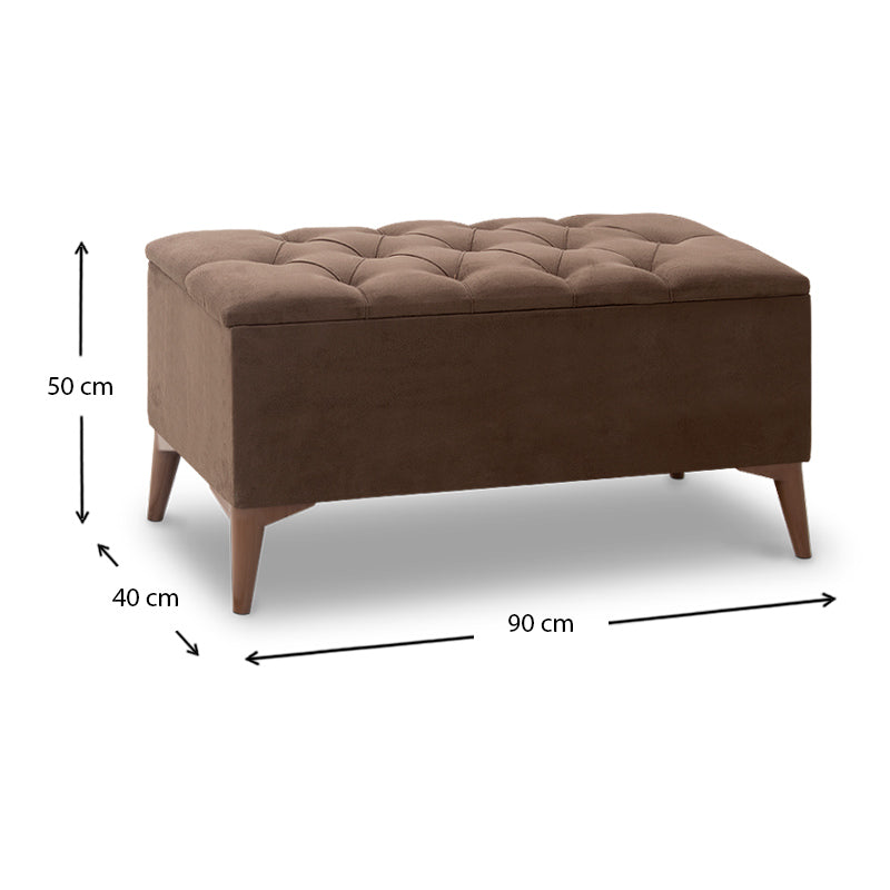 HERMANN Stool with storage space in brown fabric, dimensions 90x40x50cm, featuring four walnut-colored legs.