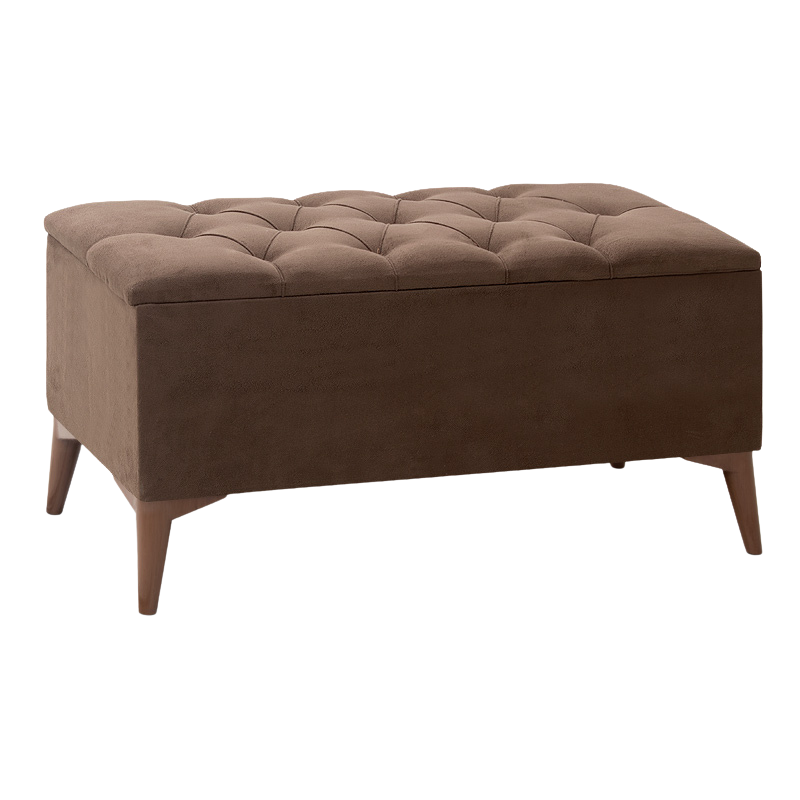 HERMANN Brown Stool with storage space, featuring a stylish fabric upholstery and sturdy walnut-colored legs.