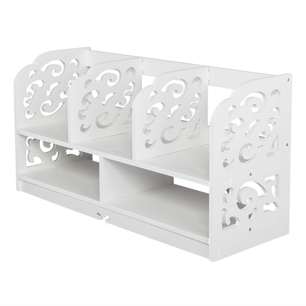 Large white bookshelf made of wood-plastic board with three rows for books and decor, featuring a minimalist modern design.