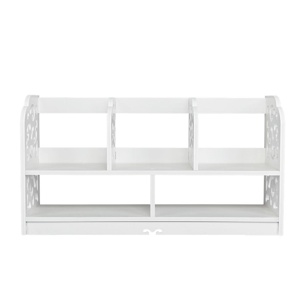 Large white bookshelf made of wood-plastic board with three rows for books and decor, featuring a minimalist modern design.