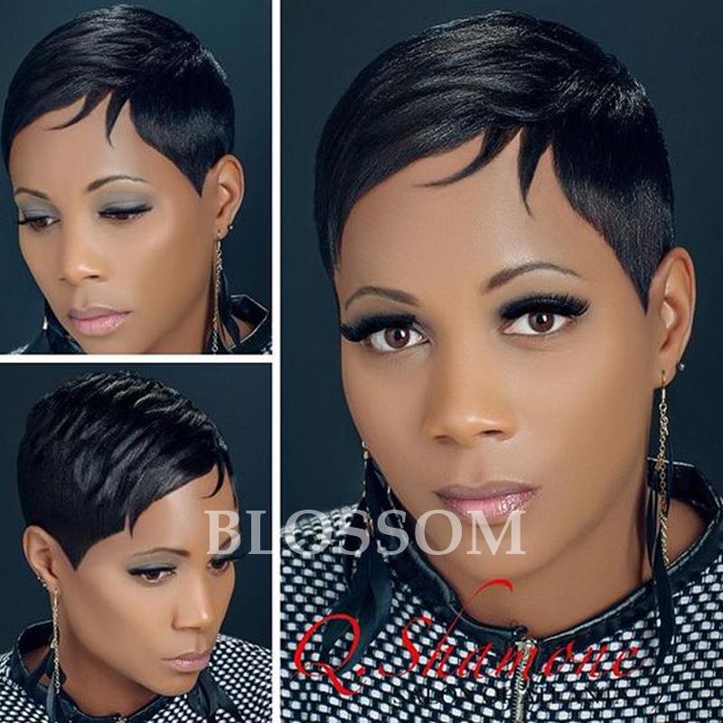 Straight short human hair wig for Black women, made from 100% Brazilian hair, featuring a chic pixie cut.