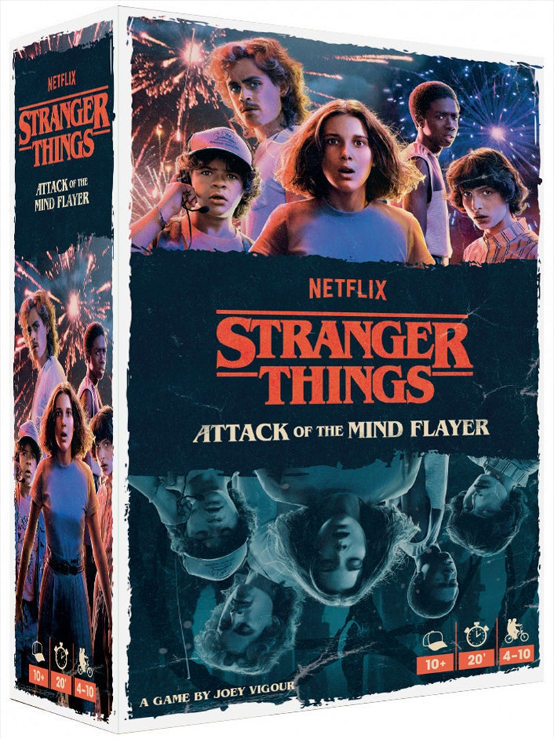 Stranger Things Attack of the Mind Flayer board game featuring vibrant artwork and game components.