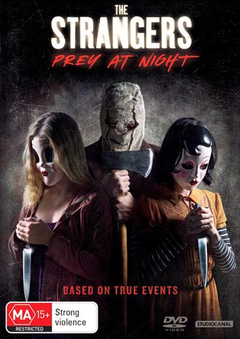 DVD cover of 'Strangers - Prey At Night' featuring a dark, eerie design with masked figures looming in the background.