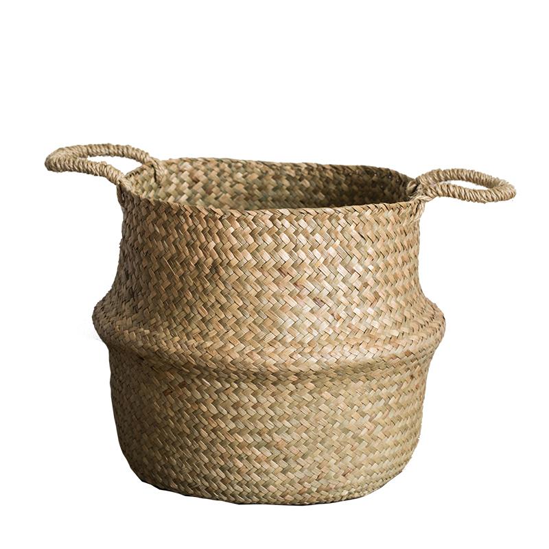 A stylish Straw Basket Pop Up Belly Basket in natural straw with colorful options, showcasing its unique pop-up design and various sizes.