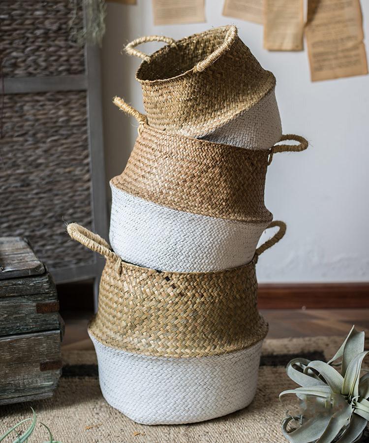 A stylish Straw Basket Pop Up Belly Basket in natural straw with colorful options, showcasing its unique pop-up design and various sizes.