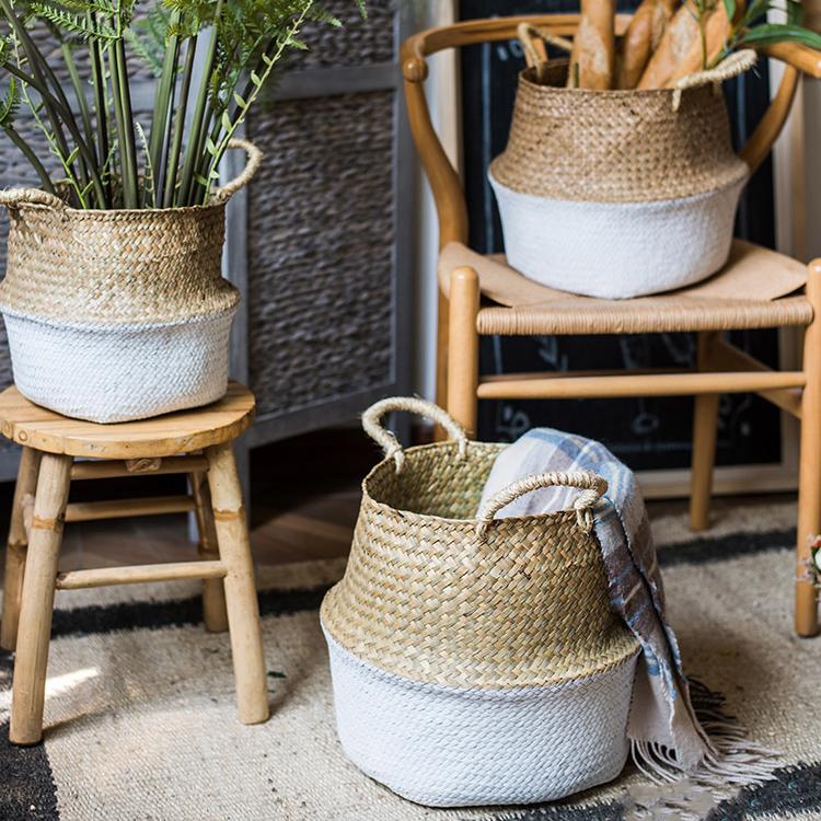 A stylish Straw Basket Pop Up Belly Basket in natural straw with colorful options, showcasing its unique pop-up design and various sizes.