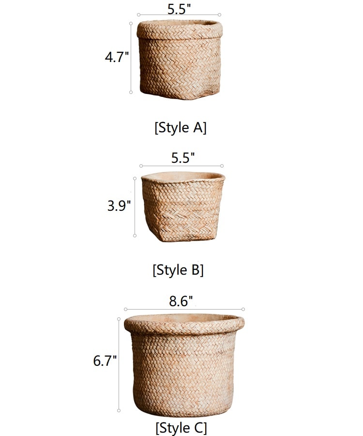 Straw Basket Style Concrete Planter in khaki color, showcasing its elegant design and drainage hole.