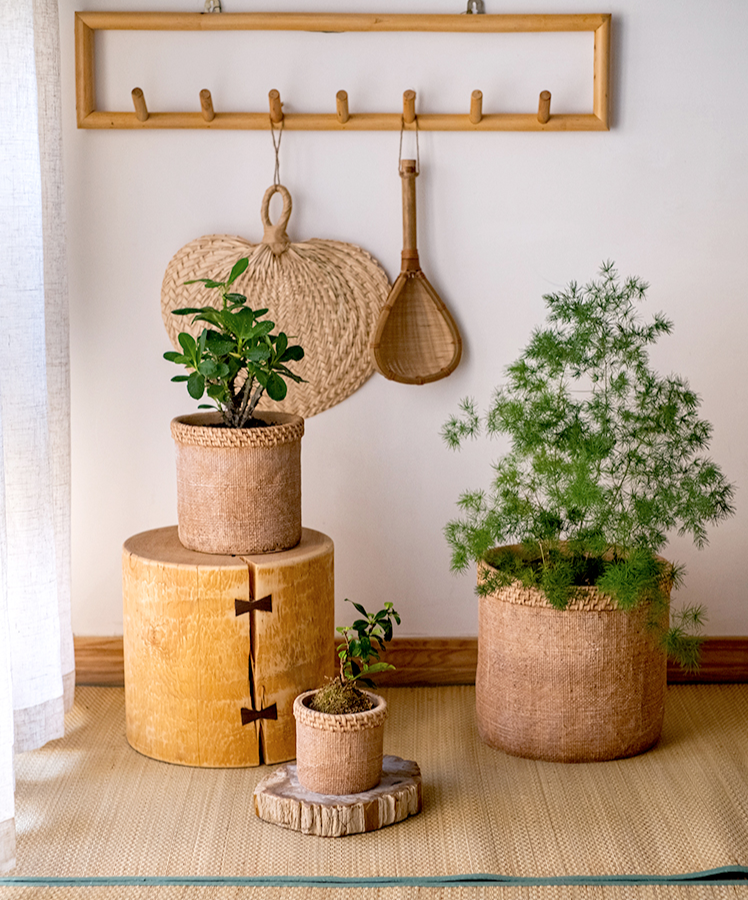 Straw Looking Concrete Planter in khaki color, showcasing its unique straw-like texture and drainage hole.