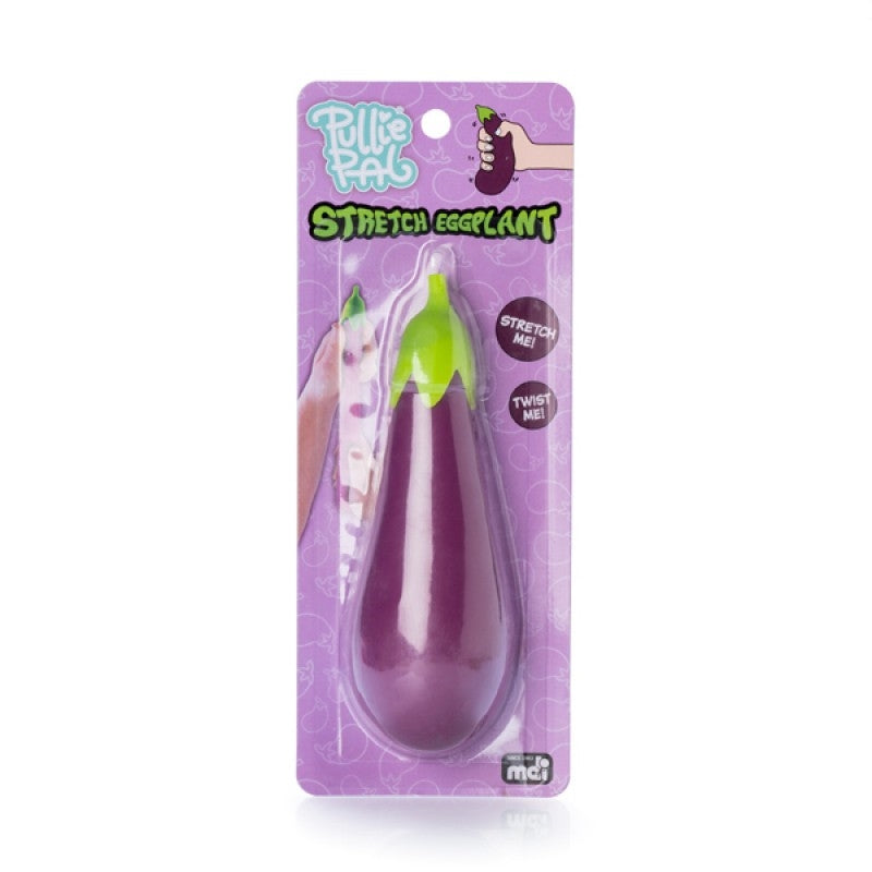 A vibrant purple Stretch Eggplant stress toy with a green stem, designed for squishing and moulding.