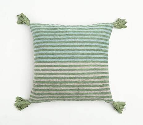 Striped wool and cotton cushion cover with tassels, showcasing a minimalistic design and concealed zip closure.