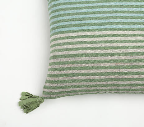 Striped wool and cotton cushion cover with tassels, showcasing a minimalistic design and concealed zip closure.