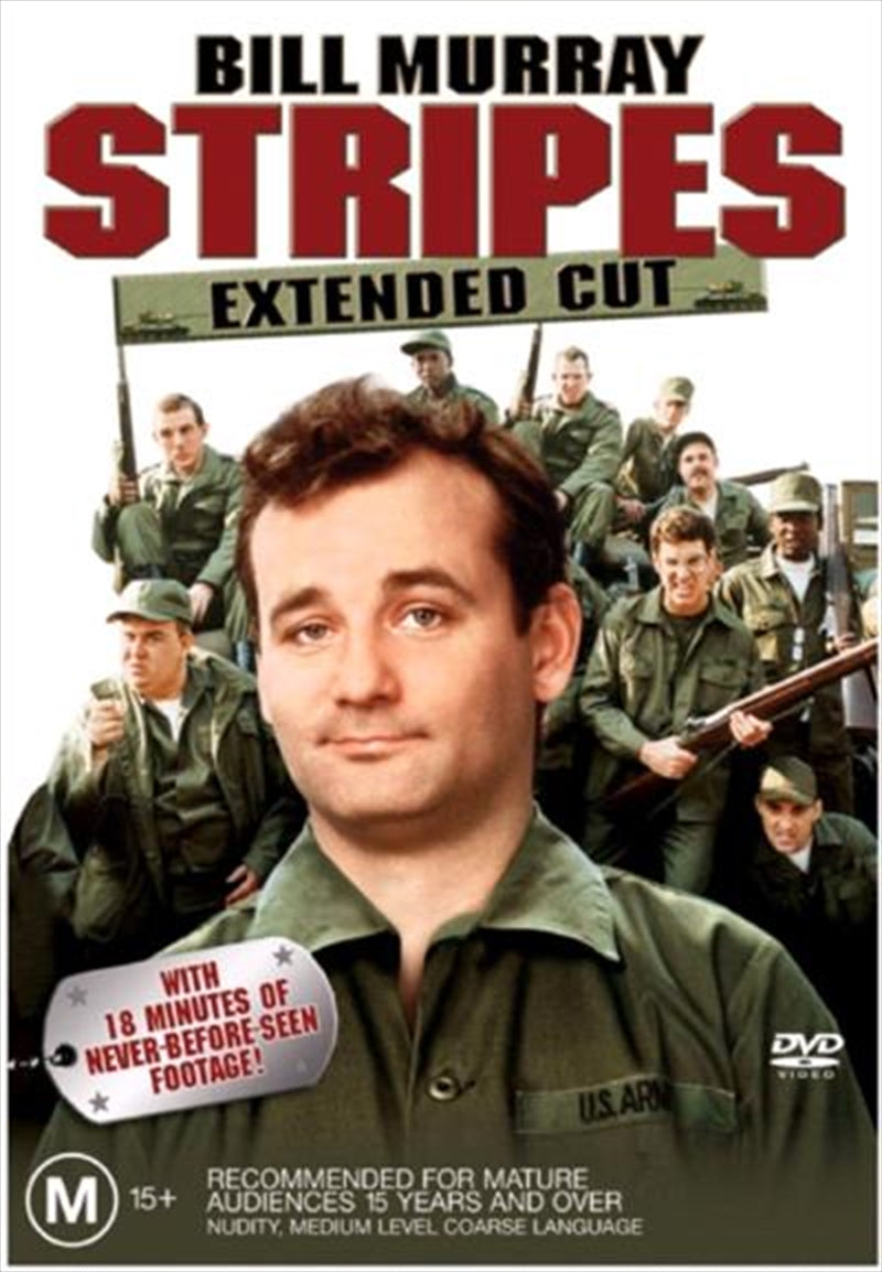 Stripes DVD cover featuring Bill Murray and Harold Ramis in military uniforms, showcasing a comedic army theme.