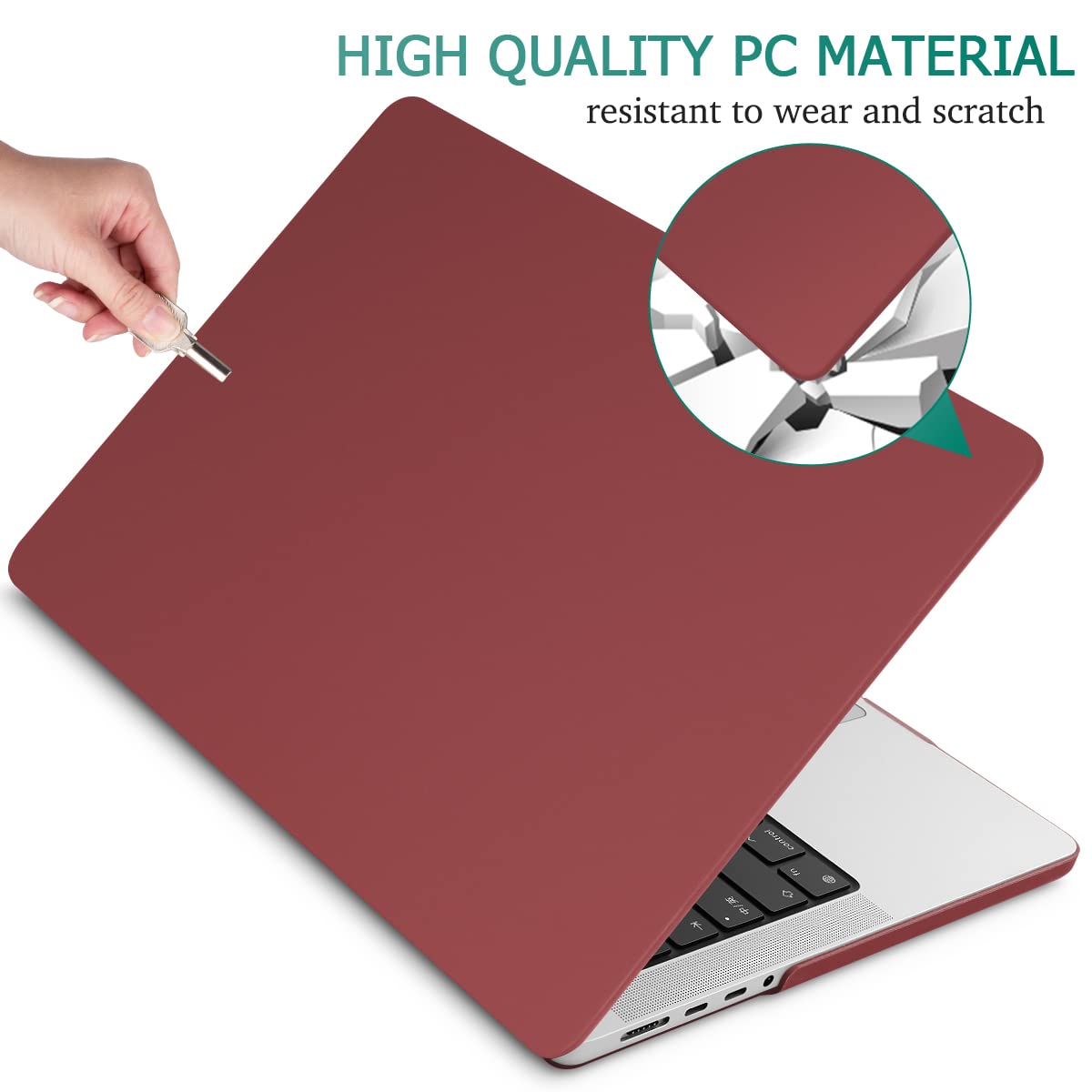 Frosted hard shell case for MacBook Pro 14-inch M2 A2779 and M1 A2442, showcasing its sleek design and keyboard cover.