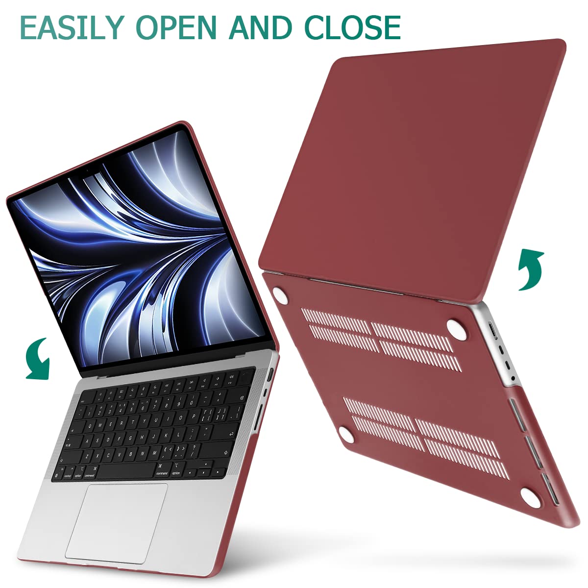 Frosted hard shell case for MacBook Pro 14-inch M2 A2779 and M1 A2442, showcasing its sleek design and keyboard cover.