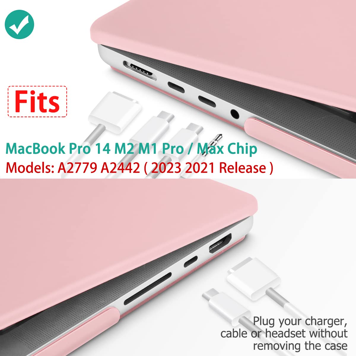 Frosted hard shell case for MacBook Pro 14 inch, designed for M2 A2779 and M1 A2442 models, showcasing its sleek design and keyboard cover.