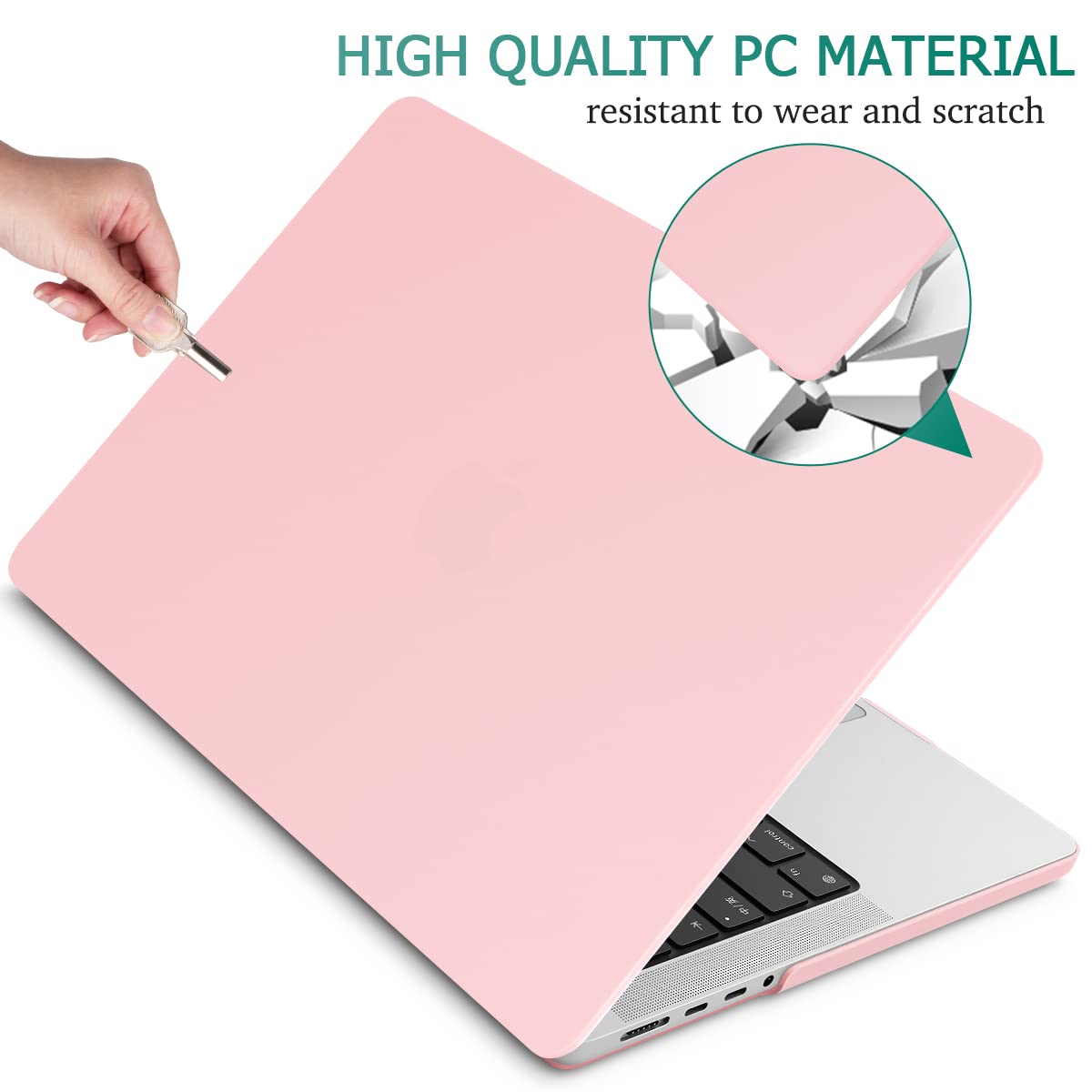 Frosted hard shell case for MacBook Pro 14 inch, designed for M2 A2779 and M1 A2442 models, showcasing its sleek design and keyboard cover.