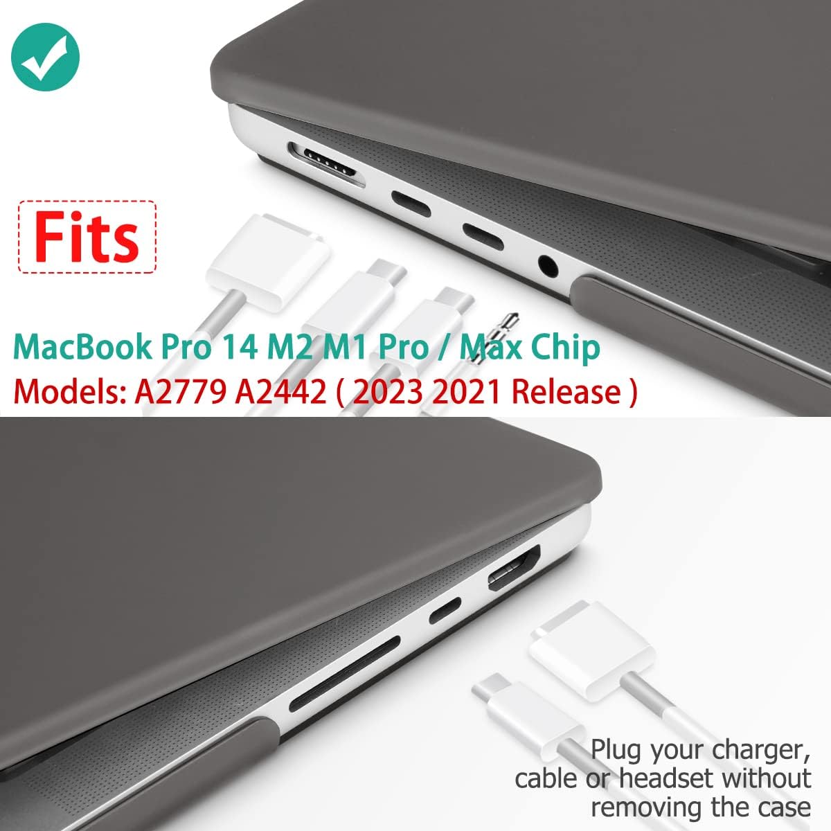 Frosted hard shell case for MacBook Pro 14 inch, designed for M2 A2779 and M1 A2442 models, showcasing its sleek design and protective features.