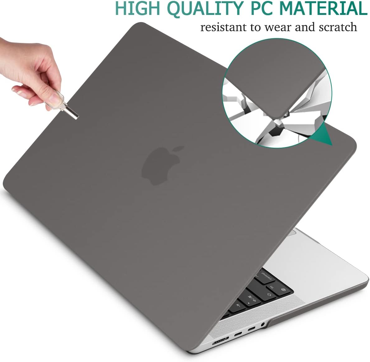 Frosted hard shell case for MacBook Pro 14 inch, designed for M2 A2779 and M1 A2442 models, showcasing its sleek design and protective features.