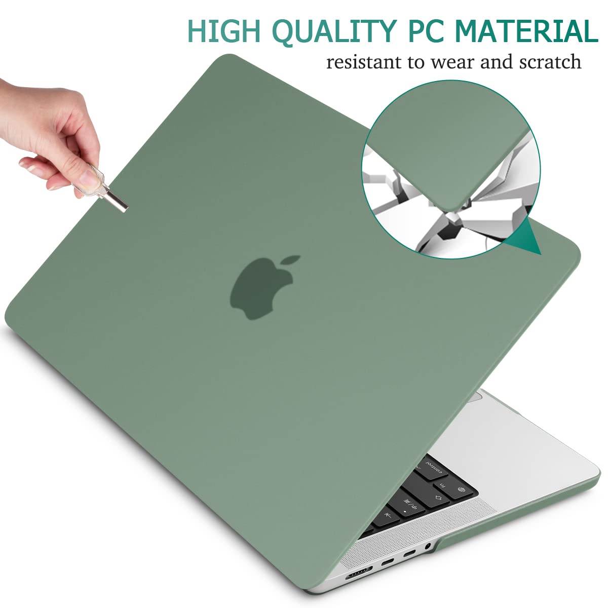 Frosted hard shell case for MacBook Pro 14 inch, designed for M2 A2779 and M1 A2442 models, showcasing its sleek design and protective features.