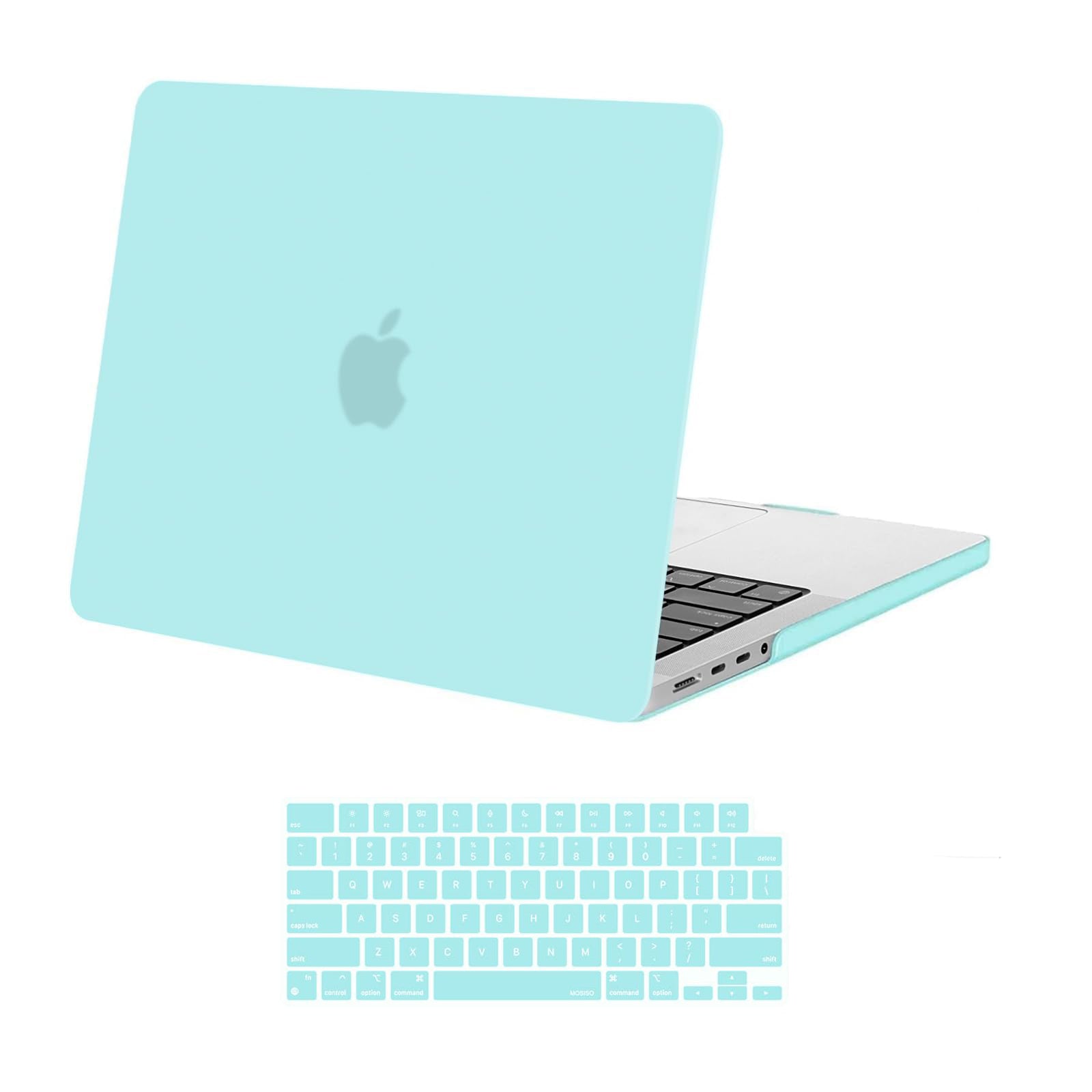 Frosted hard shell case for MacBook Pro 14-inch M2 A2779 and M1 A2442, showcasing its sleek design and keyboard cover.