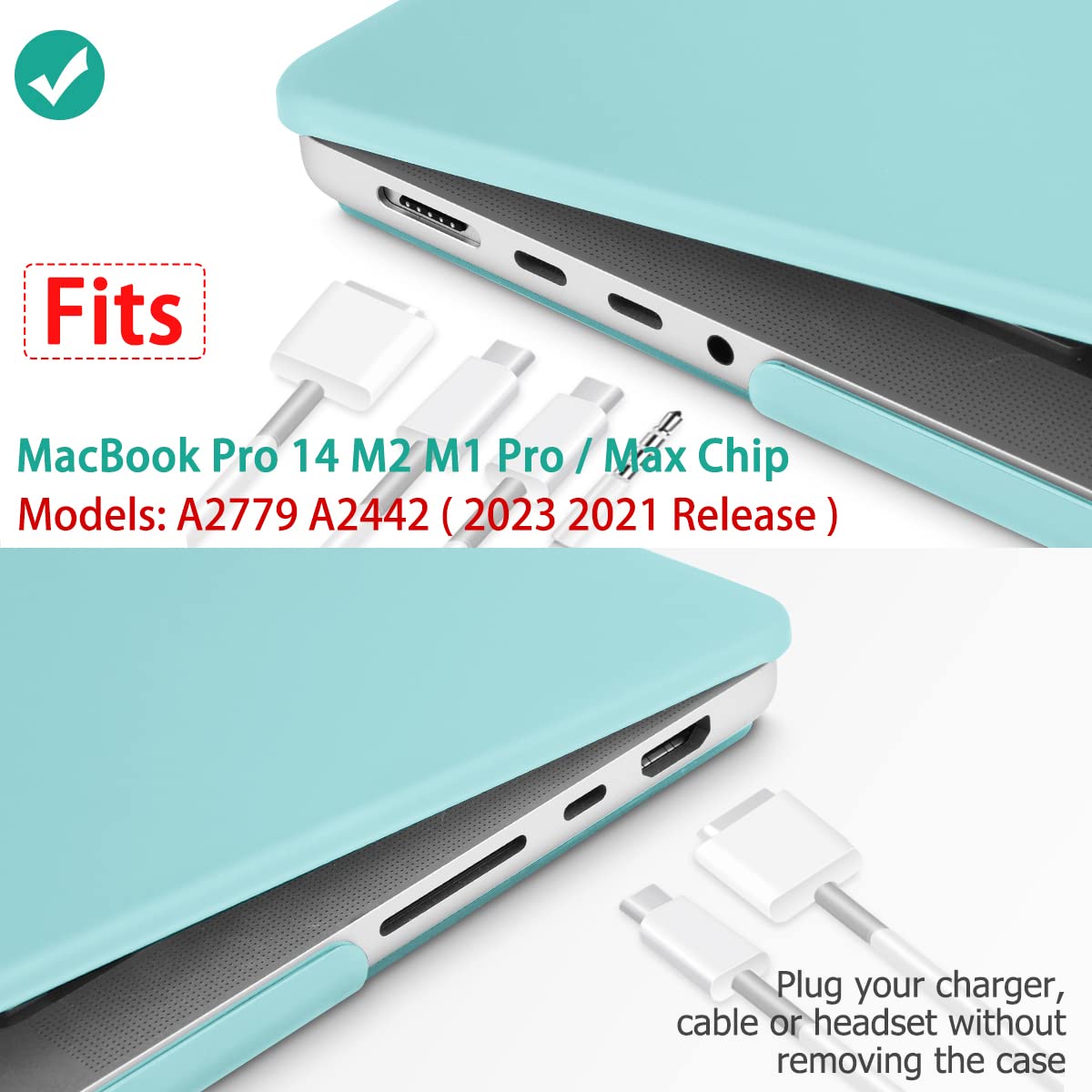 Frosted hard shell case for MacBook Pro 14-inch M2 A2779 and M1 A2442, showcasing its sleek design and keyboard cover.