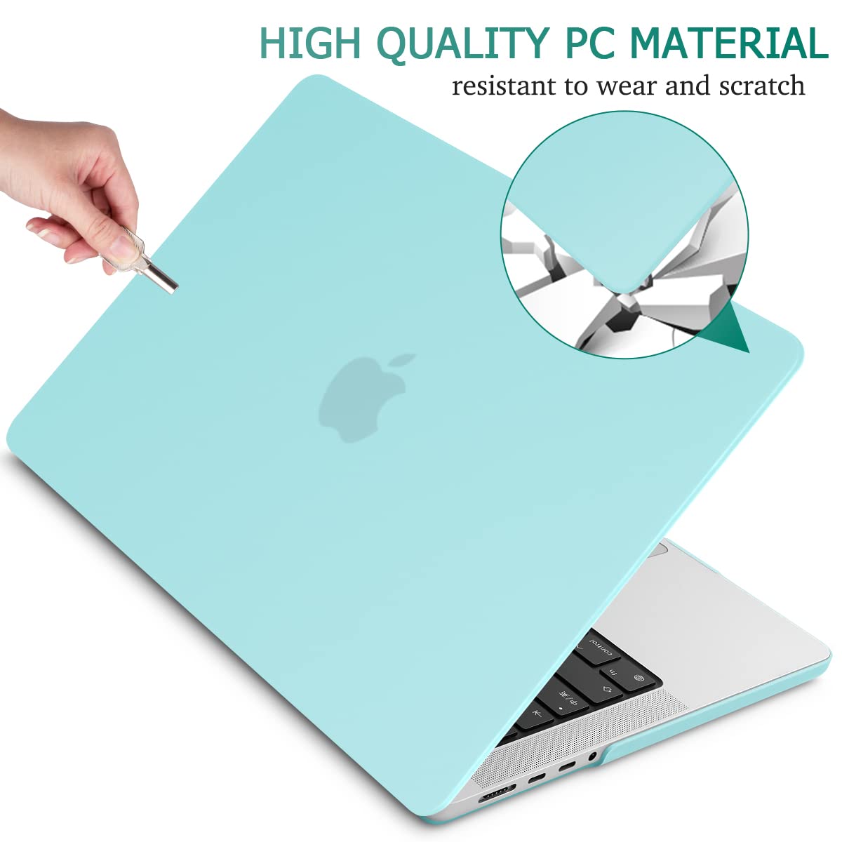 Frosted hard shell case for MacBook Pro 14-inch M2 A2779 and M1 A2442, showcasing its sleek design and keyboard cover.