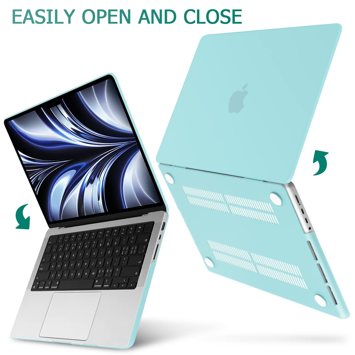 Frosted hard shell case for MacBook Pro 14-inch M2 A2779 and M1 A2442, showcasing its sleek design and keyboard cover.