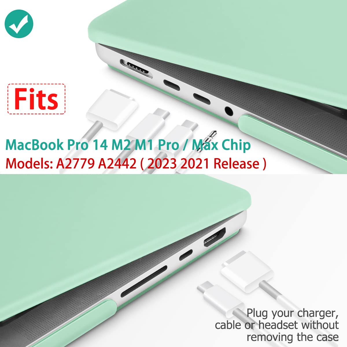 Frosted hard shell case for MacBook Pro 14-inch, designed for M2 A2779 and M1 A2442 models, showcasing its sleek design and keyboard cover.